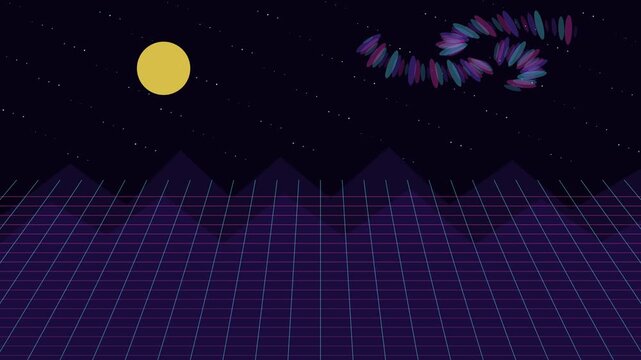 Retro synthwave landscape with wireframe grid floor and sunset moon