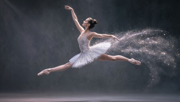 Graceful ballerina performing a grand jete leap with magical sparkles