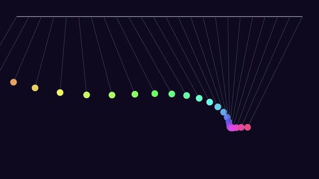 Pendulum wave physics animation with colorful oscillating spheres on dark animation background