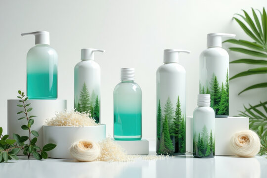 Natural Skincare Products with Pine Forest Design and Botanical Elements