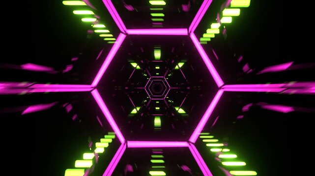 Pink and Light Green Flying Through Futuristic Neon Hexagonal Corridor with Glowing Tech Lights Background VJ Loop in 4K