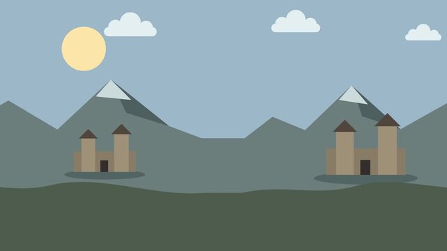 Cartoon castle mountain landscape loop background animation. Parallax side scrolling