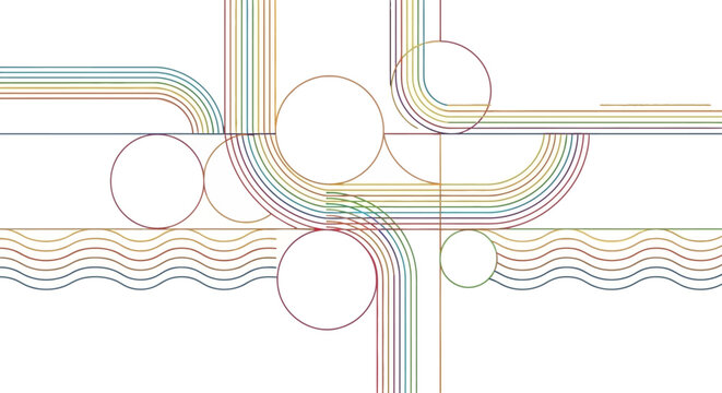 Abstract geometric design with rainbow colored lines and circles