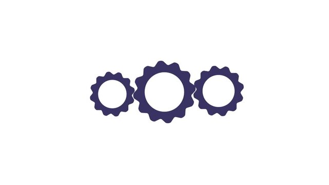 Minimalist animation of three dark purple interconnected rotating gear wheels isolated on white background depicting mechanical process and system working together.