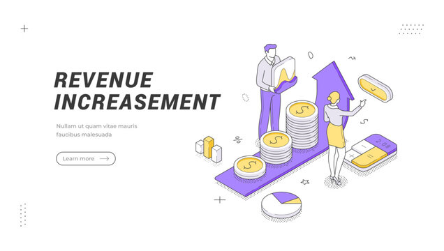 Isometric banner template showing revenue increasement and profit growth. Vector illustration with coins and charts. Investment and success concept for a landing page