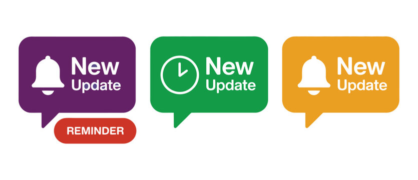 New update reminder notification badge icon set featuring bell, clock, alert speech bubble, and colorful label symbols for app and UI design.