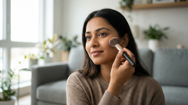 South Asian woman applying blush with cosmetic brush in bright modern home living room morning beauty skin care