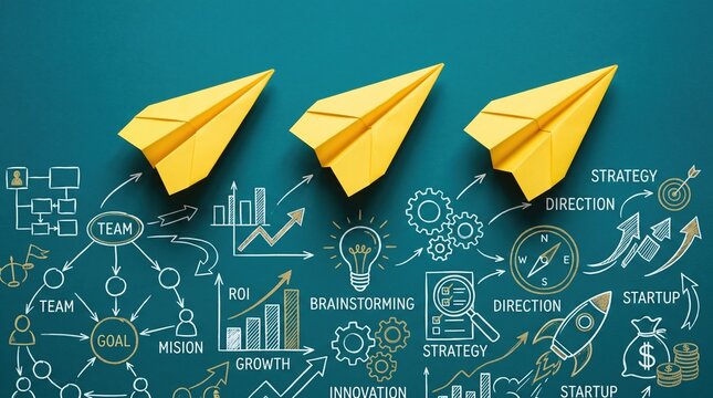 Paper planes flying over business strategy growth and development sketch on green background with strategy, business