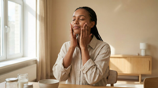Black woman touching face with closed eyes for skin care in warm sunlit home during morning wellness routine