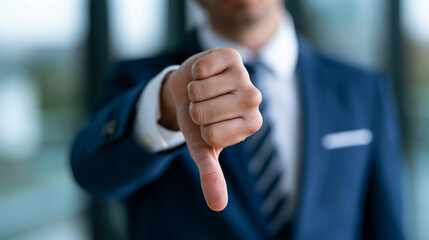 Fototapeta premium Businessman showing thumbs down gesture, expressing disapproval, rejection or negative feedback in a professional setting.