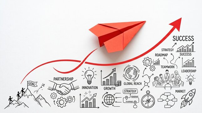 Red paper plane following growth arrow with business success doodles concept business leadership strategy innovation