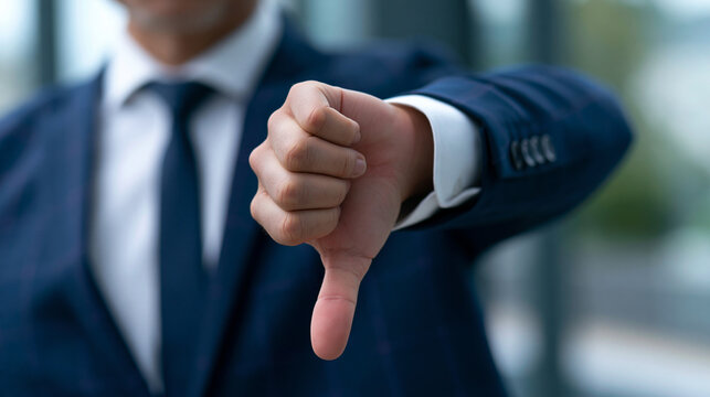 Businessman showing thumbs down gesture, expressing disapproval, rejection or negative feedback in a professional setting.