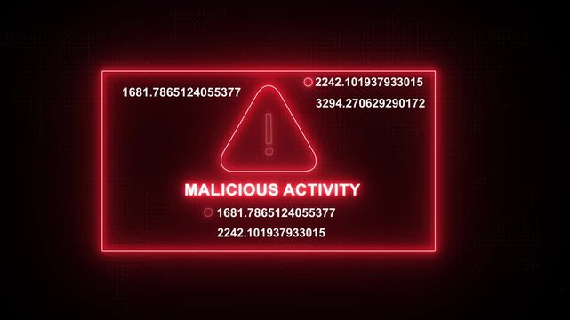 Cybersecurity alert featuring a glowing red warning triangle and rapidly changing digital data streams indicating malicious activity and system breach threats for network security presentations