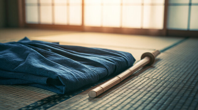hakama. A neatly folded deep blue hakama and bamboo sword on tatami mat flooring. event programs, museum guides, designed for cultural heritage projects and event programs, supports education.