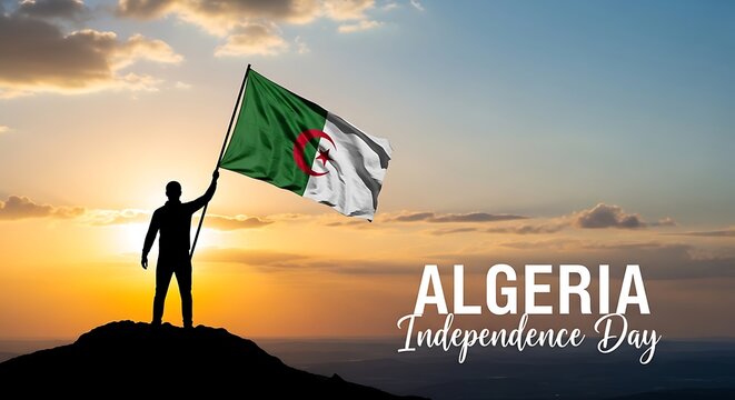 Man holding algerian flag on hill during sunset on algeria independence day
