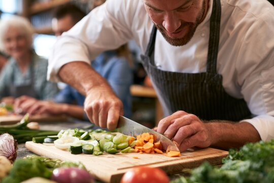 Chef demonstrating vegetable cutting skills during cooking class