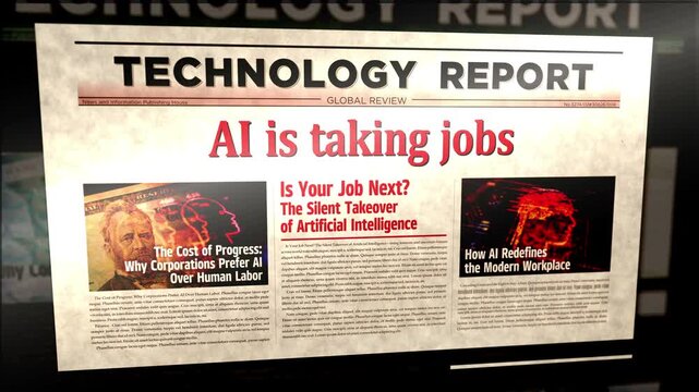 Ai is taking jobs breaking news. Artificial intelligence, layoff and job loss title headline newspaper. Information media print glitch 3d animation.