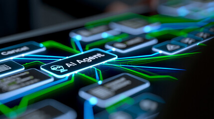 AI agent visualization on a futuristic digital interface, representing autonomous decision making, intelligent automation and connected business workflows. © Curioso.Photography