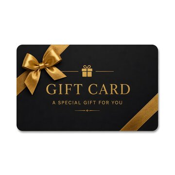 A black gift card features a gold ribbon and bow along with the words gift card. It is presentable for various special events and gifting moments