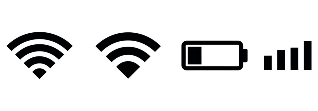 Set of black mobile device status icons including wifi signal and battery level indicators.