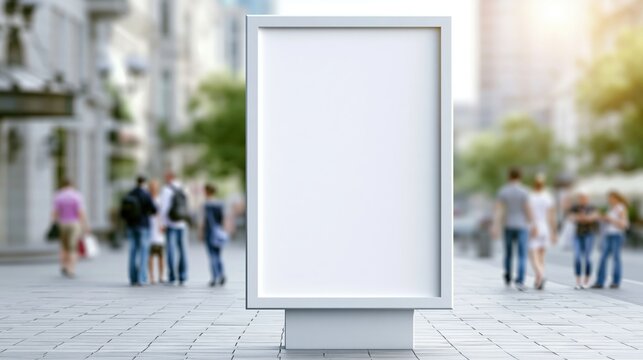 Blank advertising billboard mock up on a city street with pedestrians walking in the background, featuring modern buildings and greenery, suitable for promotional content or design purposes