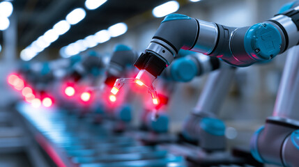 Fototapeta premium Industrial robotic arms handling electronic components on an automated production line, representing advanced manufacturing, robotics, precision engineering and smart factory automation.