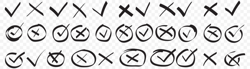 Hand drawn check and cross icons set in circle and square outline checklist marks vector illustration. Check tick mark icon set. Cross box x check mark checkbox v list vector draw hand drawn sketch © Top