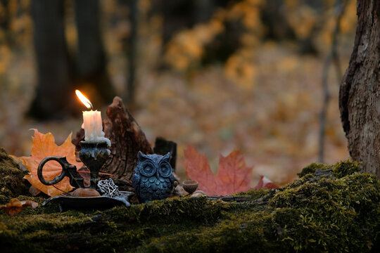 burning candle with amulet and decorative owl figurine in autumn forest, dark nature background. mystery, fairy tale scene. Samhain, Halloween holidays. Witchcraft, magic. esoteric spiritual ritual