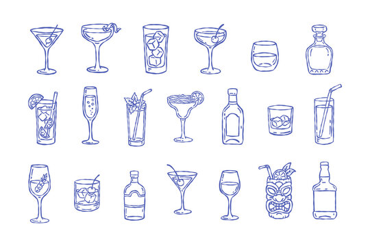 Cocktail glassware with various drinks, ice cubes, garnishes, and bottles in simple line art style, perfect for beverage design