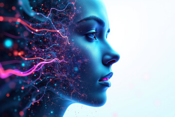 Obraz premium Abstract digital illustration of a female face with glowing neural pathways