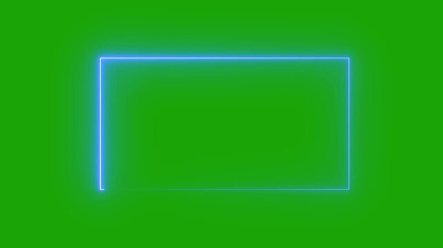 Blue neon glowing rectangle frame animation on green screen background