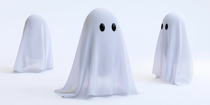 Cute friendly ghost characters in white sheets on light background  