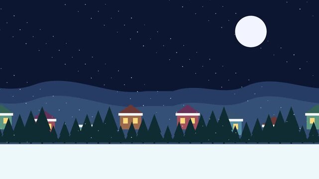Cartoon winter snow village loop background animation. Parallax side scrolling