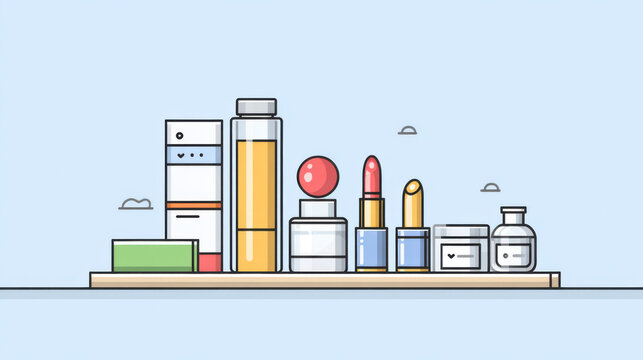 Flat vector illustration of cosmetic products, skincare bottles, and makeup items on a wooden shelf for beauty and wellness concepts