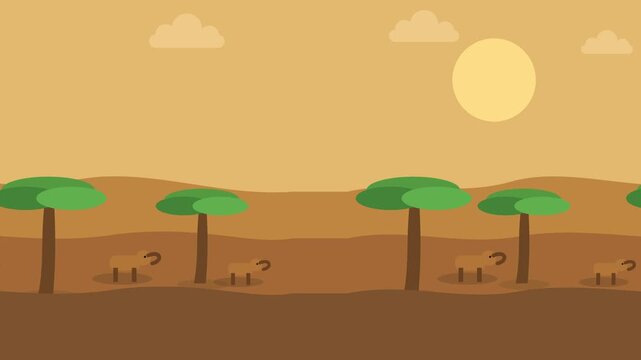 Cartoon savanna landscape loop background animation. Parallax side scrolling