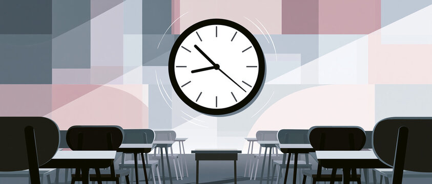 Abstract classroom interior with clock on wall and chairs facing front  