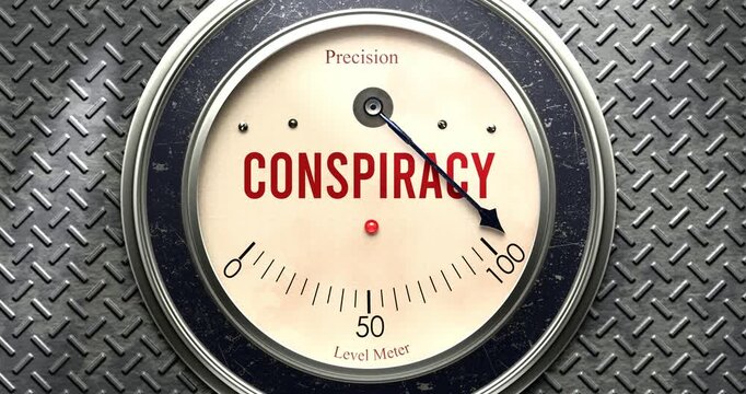 Conspiracy  meter that is hitting a full scale, showing rising levels of conspiracy, overload of it, too much of it. Maximum value, off the charts.