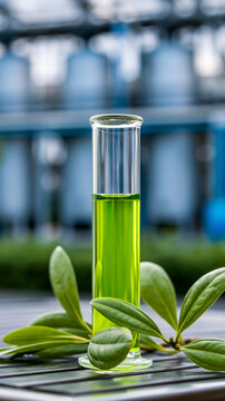 Laboratory test tube with green liquid and fresh leaves, representing plant biotechnology and sustainable scientific research.
