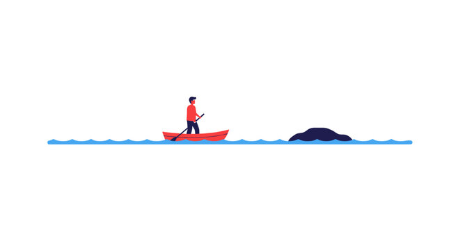 Person in small boat paddling near large whale underwater.