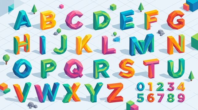 Low-poly isometric alphabet. Vibrant 3D letters A-Z and 0-9 with faceted gradient colors on light grid, scattered cubes and tiny trees. Playful geometric vector style.