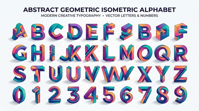 Abstract geometric isometric alphabet. 3D vector letters A-Z and 0-9 with vibrant gradient facets, sharp edges, soft shadows on light grid. Modern creative style.
