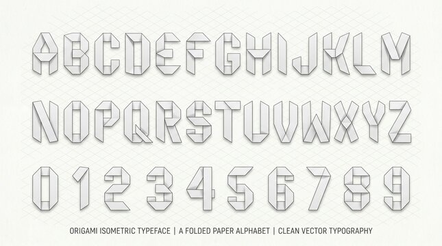 Origami isometric typeface. Folded white paper 3D letters A-Z and 0-9 with clean creases, soft shadows on light grid background. Minimalist vector style.