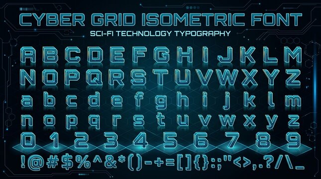 Cyber Grid isometric font. Glowing cyan 3D letters A-Z, a-z, 0-9, symbols with circuit board texture and reflections on dark hexagonal grid background. Sci-fi tech style.