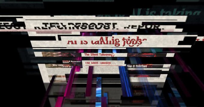 Ai is taking jobs breaking news. Artificial intelligence, layoff and job loss title headline newspaper. Information media print glitch looped and seamless animation.
