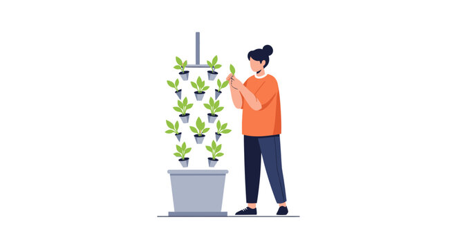 Person tending vertical hydroponic garden indoors efficiently.