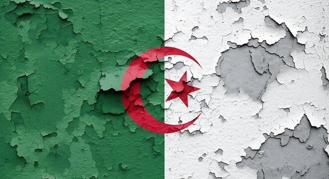The flag of algeria painted on a peeling wall background with cracks