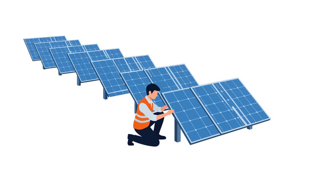 Technician installing solar panels for renewable energy system setup.