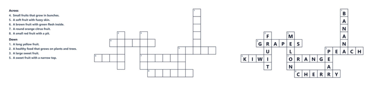 Fruit Crossword Puzzle Worksheet for Children, Crossword puzzle with solved grid