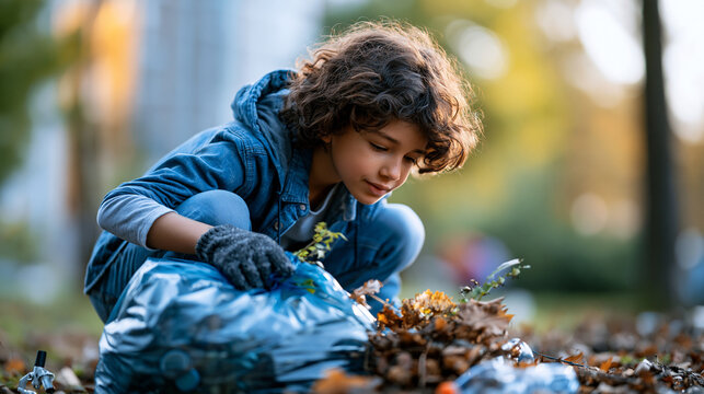 Child volunteer collecting plastic litter in a park with a garbage bag with minimal clean background, symbolic sustainability elements and generous empty area, symbolizing green business,