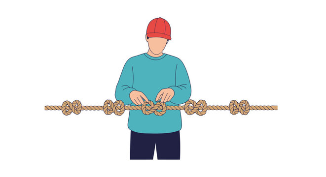 Person attempting to untangle complicated thick rope knots.